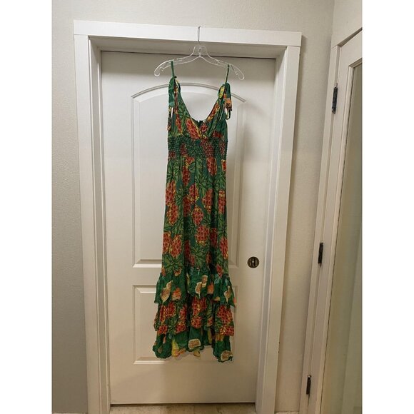 Farm Rio Pineapple Galore Dress Womens Medium Green Maxi Smocked Boho Ruffle Tie - Picture 2 of 5